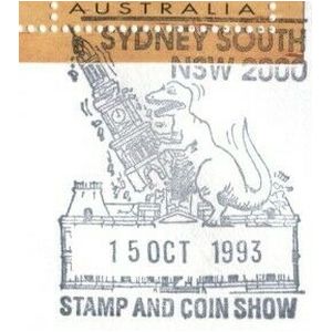 Stylized dinosaur on commemorative postmark of Australia 1993 - Sydney