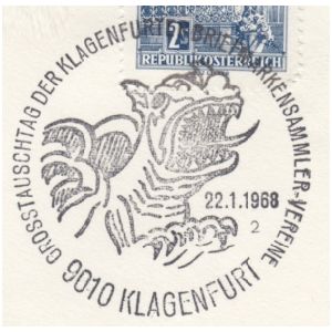 Lindwurmbrunnen von Klagenfurt on commemorative postmark of Austria 1968