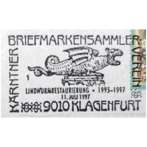 Lindwurmbrunnen von Klagenfurt on commemorative postmark of Austria 1997