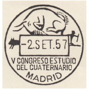  Steppe bison from cave piantig in Altamira cave on commemorative postmark of Spain 1957