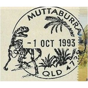 Allosaurus on commemorative postmark of Australia 1993 - Muttaburra
