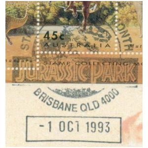 Fossil of Trex like, theropod dinosaur on commemorative postmark of Australia 1993 - Brisbane - Jurassic Park