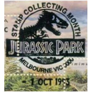 Fossil of Trex like, theropod dinosaur on commemorative postmark of Australia 1993 - Melbourne - Jurassic Park