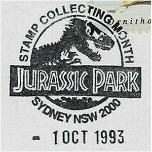 Fossil of Trex like, theropod dinosaur on commemorative postmark of Australia 1993 - Sydney - Jurassic Park