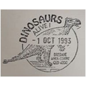 Muttaburrasaurus dinosaur on commemorative postmark of Australia 1993 - Brisbane - Dinosaurs alive !