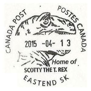 Tyrannosaurus rex dinosaur on postmark of Canada 2015