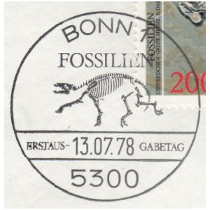 Prehistoric horse Propalaeotherium skeleton on postmark of Germany 1978