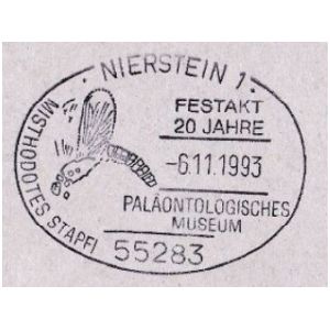 Fossil of Misthodotes stapfi from collection of Paleontological museum in Nierstein on commemorative postmark from Germany 1993