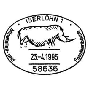 Prehistoric woolly rhinoceros on commemorative postmark of Germany 1995