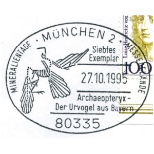 Fossil of Archaeopteryx on commemorative postmark of Germany 1995