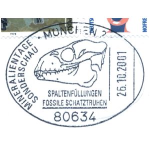 Skull of prehistoric Ruminantia Caenotherium filholi on commemorative postmark of Germany 2001