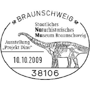 Sauropod dinosaur on commemorative postmark of Germany 2009
