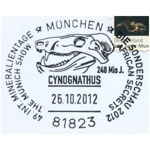 Skull of therapsid Cynognathus on commemorative postmark of Germany 2012