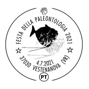 Fossil of rehistoric fish on postmark of Italy 2021