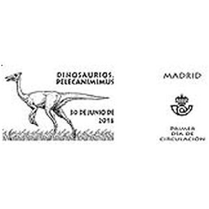 Pelecaniminus dinosaur on commemorative postmark of Spain 2016