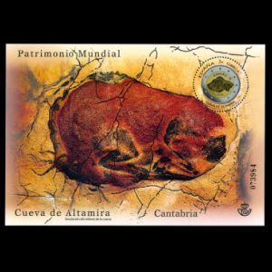 Steppe bison on cave painting in Altamira cave on stamp of Spain 2015