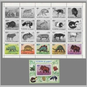 Dinosaurs, prehistoric and modern animals on stamps of Fujeira 1972