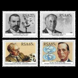 scientists Dr Robert Broom, Dr Alex du Toit, Sir Basil Schonland, Sir Arnold Thailer on stamps of South Africa 1991