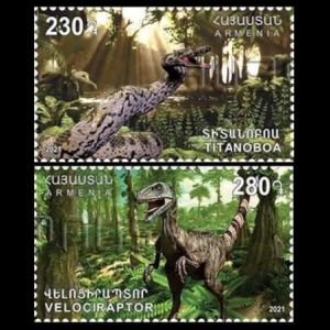 Prehistoric snake Titanoboa and Velociraptor dinosaur on stamps of Armenia 2021