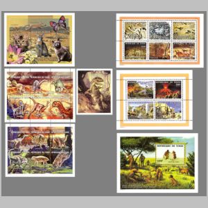Dinosaurs and other prehistoric animals and humans as well as their fossil on stamps of Chad 1998