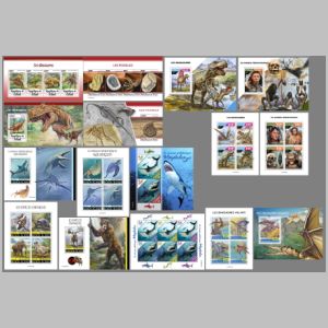 Fossils and reconsructions of prehistoric animals on stamps of Chad 2020