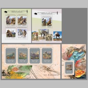 prehistoric humand and animals on stamps of Guinea