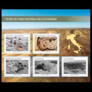 Dinosaur footprints and skull of Altamua Man on stamp of Italy 2021