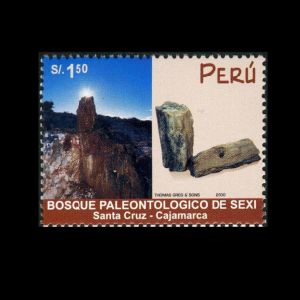 petrified wood, tree trunk, on paleontology stamp of Peru 2000