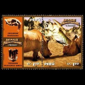 Prehistoric animals, smilodon and taxodon, on stamps Peru 2004