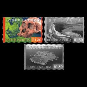 Fossilized skull and reconstruction of 'Sterkfontein' (Australopithecus) on stamps of South Africa 2000