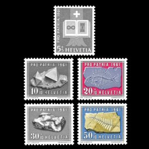 fossils of Scorpaena porcus and Asterotheca on Pro Patria stamps of Switzerland 1961