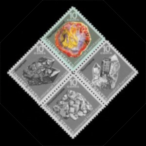 Petrified wood and some minerals on stamps of USA 1974