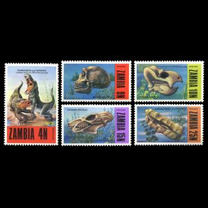 Fossils of dinosaurs, prehistoric animals and early human on stamps of Zambia 1973