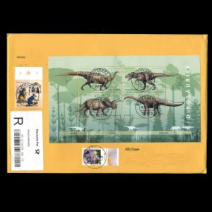 Mini-Sheet with Dinosaur stamps of Germany 2008 on big domestic registered letter