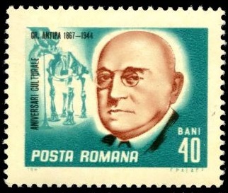 Grigores Antipa and fossil of Dinotherium giganteum on stamp of Romania 1967