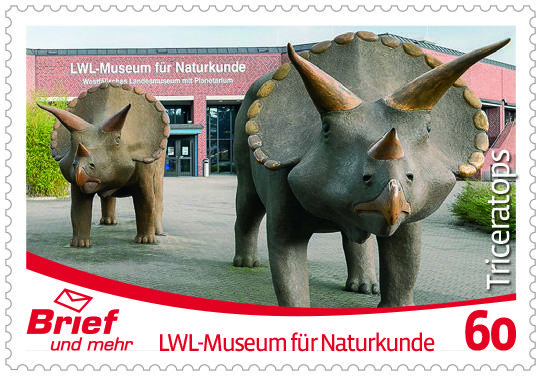 Dinosaurs in the front of LWL-Museum of Natural History Westphalian State Museum on stamp of 
             local post company Brief und mehr, Germany 2017