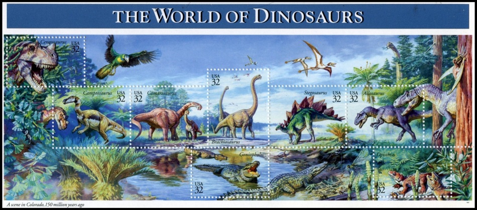 Reconstruction of Dinosaurs and other Jurassic animals on stamps