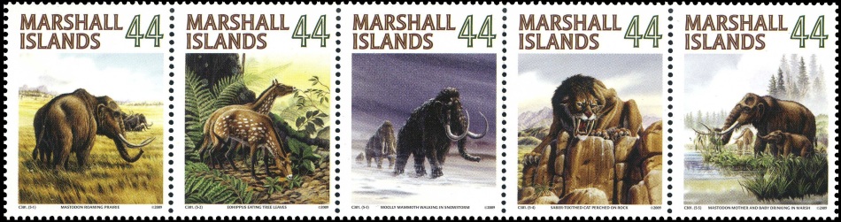 Prehistoric mammals reconstruction on stamps