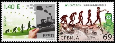 Human evolution sequence on Europa think green stamps of Serbia and Estonia