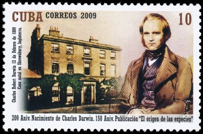 Charles Darwin next to the Mount, his parents’ house, in Shrewsbury on stamp of Cuba 2009