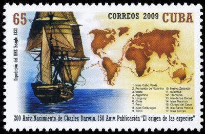 Charles Darwin next to the Mount, his parents’ house, in Shrewsbury on stamp of Cuba 2009