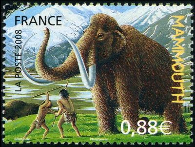  Woolly mammoth (Mammuthus primigenius) and Neandertal hunters on stamp of France 2008