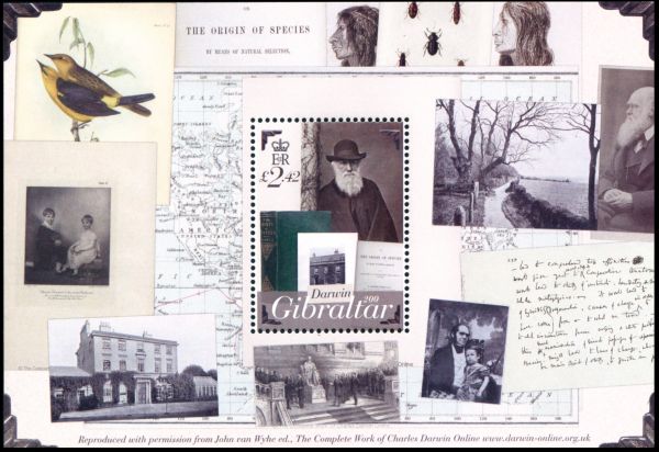 Scenes from Charles Darwin life on margins of Souvenir-Sheet of Gibraltar 2009