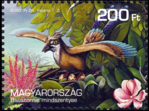Prehistoric bird on stamp of Hungary