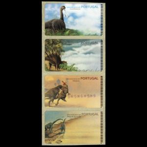 Strip of dinosaur SMD stamps with the test values of Portugal 1999