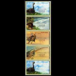 Dinosaurs on strip of AMIEL ATM stamps with test values of Portugal 2000