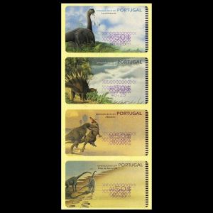 Dinosaurs on strip of AMIEL ATM stamps with test values of Portugal 2000