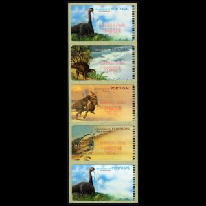Dinosaurs on strip of AMIEL ATM stamps with test values of Portugal 2000