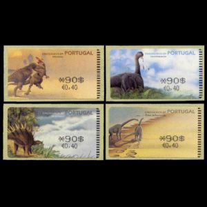 Dinosaurs on ATM stamps of Portugal 2000 with text printed with black ink
