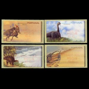 Dinosaurs on ATM stamps of Portugal 2000 with text printed with red ink